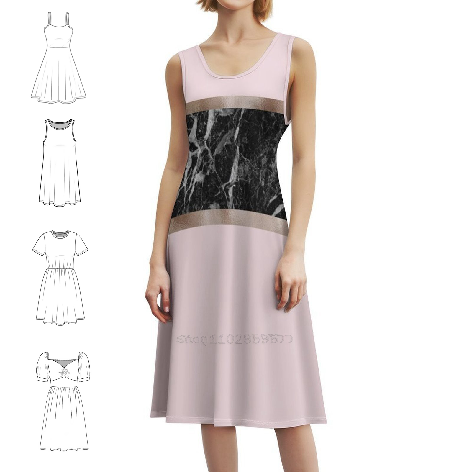 Women Fashion Gown - ชุดเดรสสไตล์โบโฮชิค สีดำลายหินอ่อนและโรสโกลด์ แต่งด้วยสตรอว์เบอร์รีและครีม ชุดราตรีงานแต่งงานริมชายหาด แฟชั่นหรูหรา สีชมพูพีชอ่อน