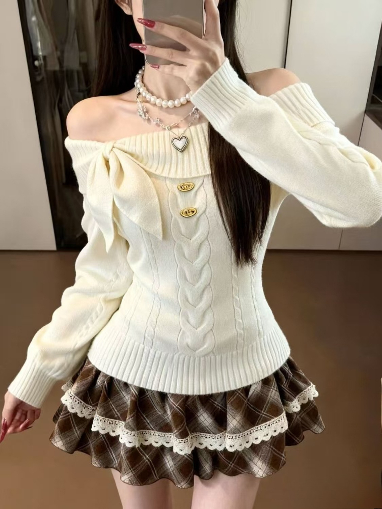 Women'S Fashion Kilt - ชุดเซ็ต 2 ชิ้นสไตล์ญี่ปุ่นน่ารักสำหรับผู้หญิง เสื้อสเวตเตอร์ถักสีพื้น กระโปรงสั้นลายสก็อตทรงเข้ารูป แฟชั่นฮาราจูกุ