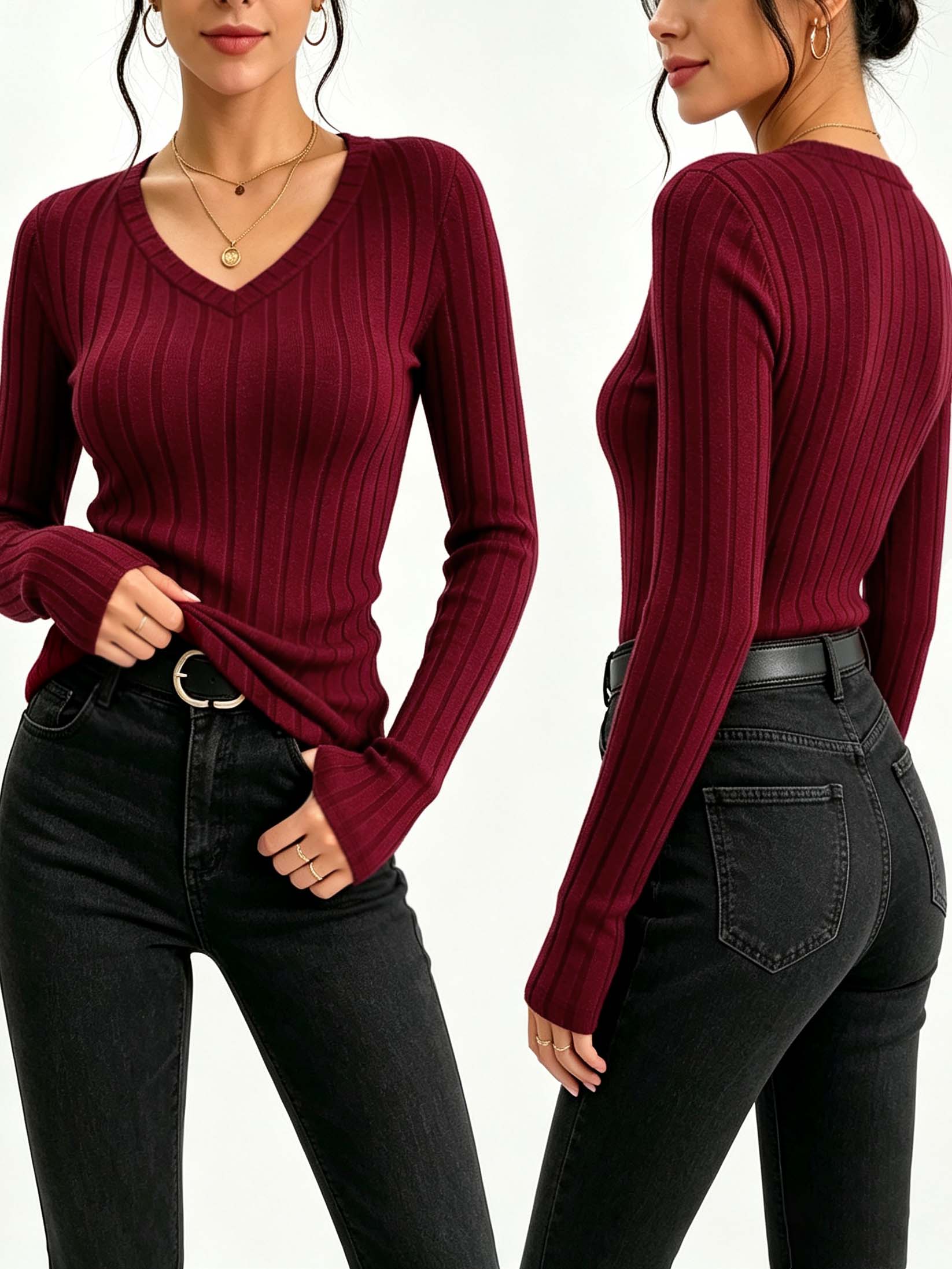Trend Women Fashion - เสื้อผู้หญิงคอวีแบบเรียบ ผ้าถักลายริ้ว ทรงเข้ารูป ยืดหยุ่น แขนยาว เสื้อยืดลำลองพื้นฐาน