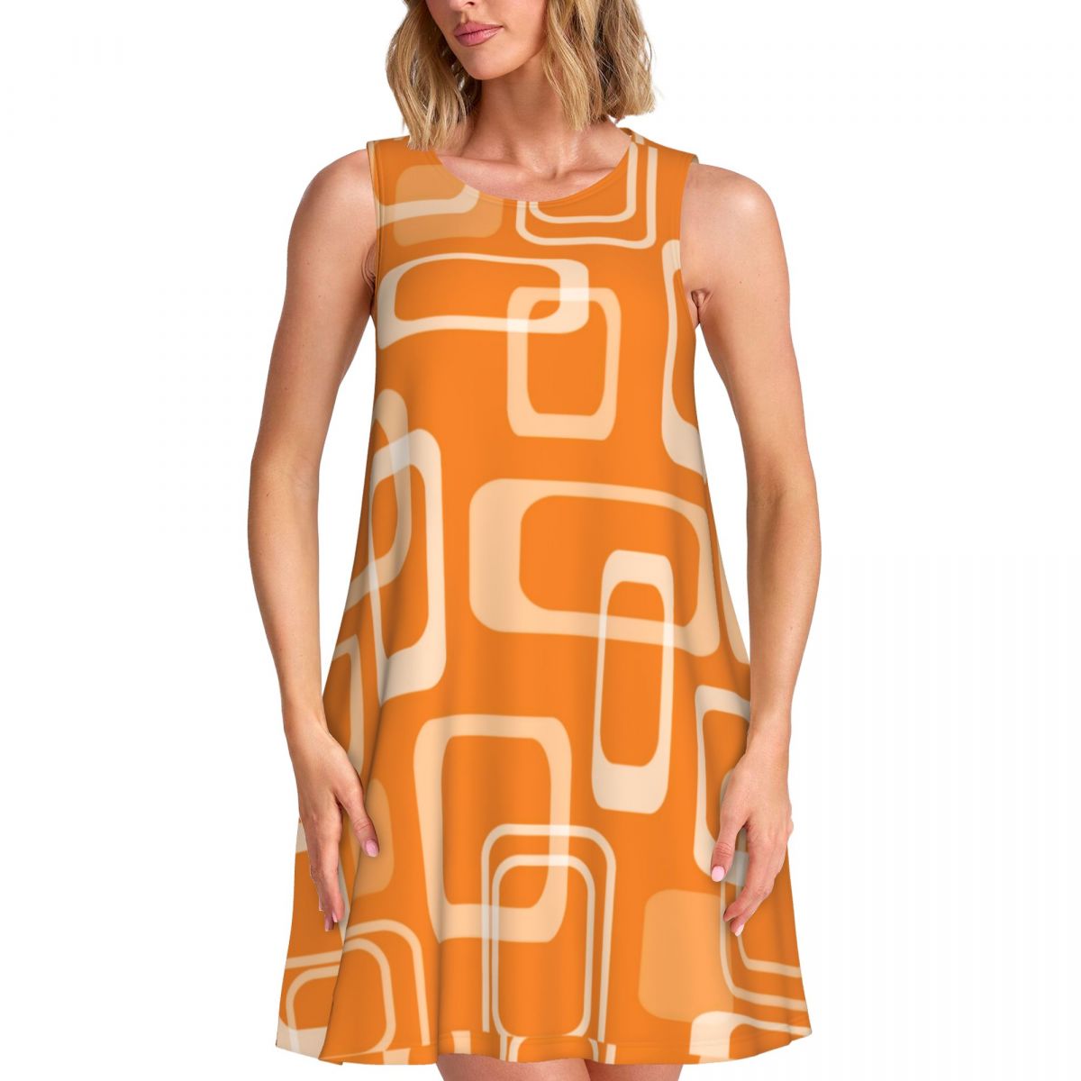 Women'S Fashion In The 60S - ชุดเดรสสไตล์เรโทรสีส้มลายสี่เหลี่ยมยุค 60 ชุดเดรสแฟชั่นลำลองสำหรับผู้หญิง แขนกุด ลายกราฟิก ขนาดโอเวอร์ไซส์