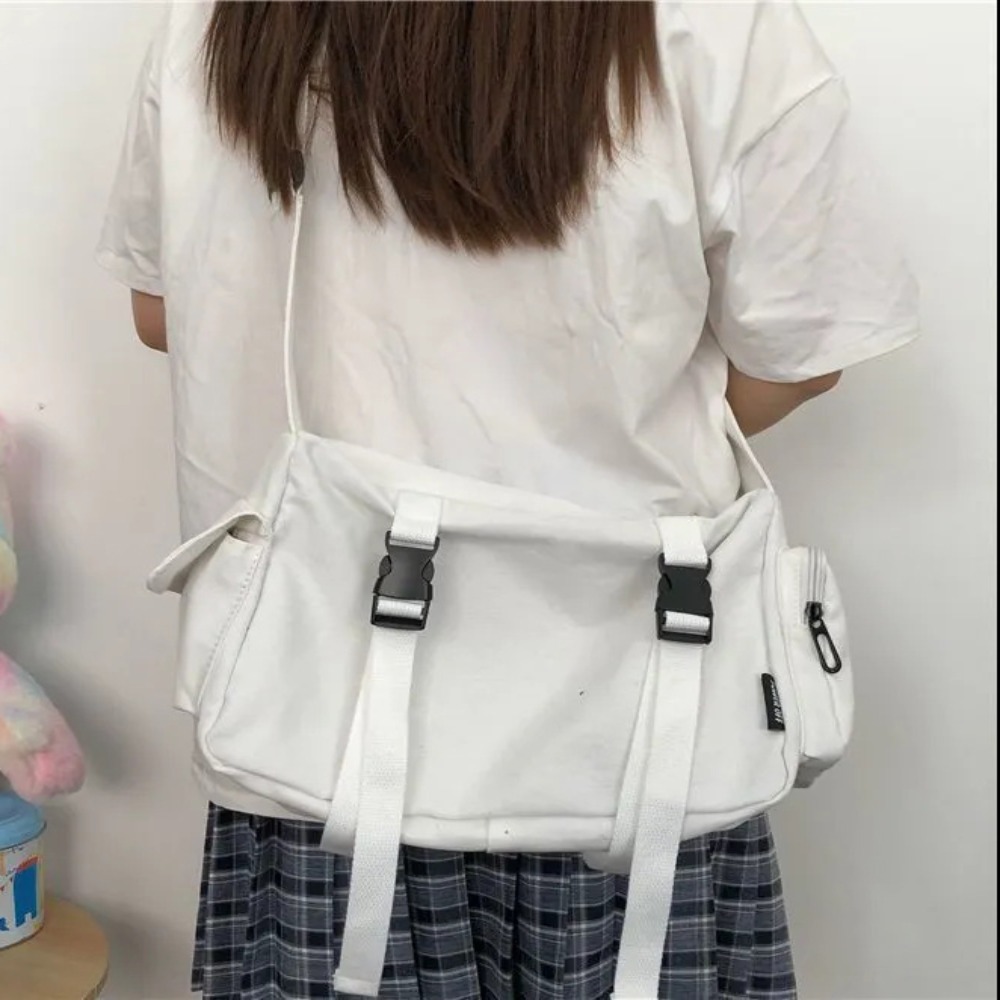 Canvas Tote Bag - กระเป๋าผ้าใบสีดำดีไซน์ผู้หญิงกระเป๋าสะพายข้างจุของได้เยอะกระเป๋าคาดลำตัวย้อนยุคสีดำสำหรับทุกเพศสไตล์ญี่ปุ่น