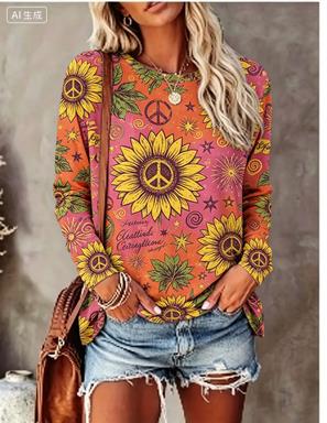 Trend Women Fashion - เสื้อยืดแขนยาวผู้หญิง ลายดอกเดซี่ ผีเสื้อ สัญลักษณ์สันติภาพ คอกลม ทรงหลวม