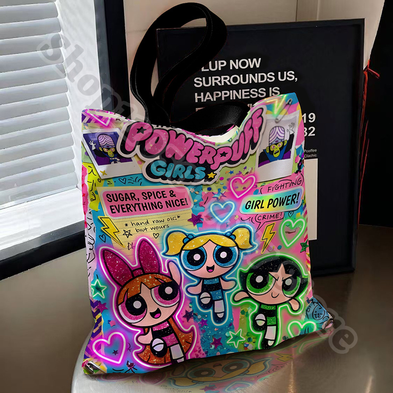 Canvas Tote Bag - กระเป๋าผ้าแคนวาสลายการ์ตูน Powerpuffs Girls สไตล์คาวาอี้ กระเป๋าเก็บของอเนกประสงค์ กระเป๋าถือแฟชั่นน่ารัก