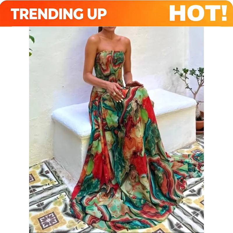 Women Fashion Gown - ชุดเดรสจับจีบเอวแบบไม่มีสายรัด ผู้หญิง ลายพิมพ์ใหม่ สีสันสดใส ชุดยาวหรูหรา แฟชั่นสำหรับฤดูร้อน