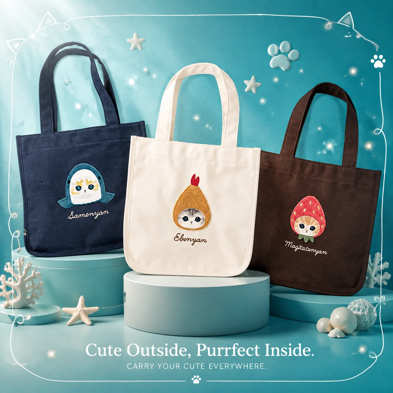 Canvas Tote Bag - กระเป๋าผ้าแคนวาสสะพายไหล่ลายการ์ตูนแมวฉลามน่ารักสไตล์ญี่ปุ่น Mofusand รุ่นใหม่ ทำมือ สำหรับผู้หญิงและเด็กผู้หญิง
