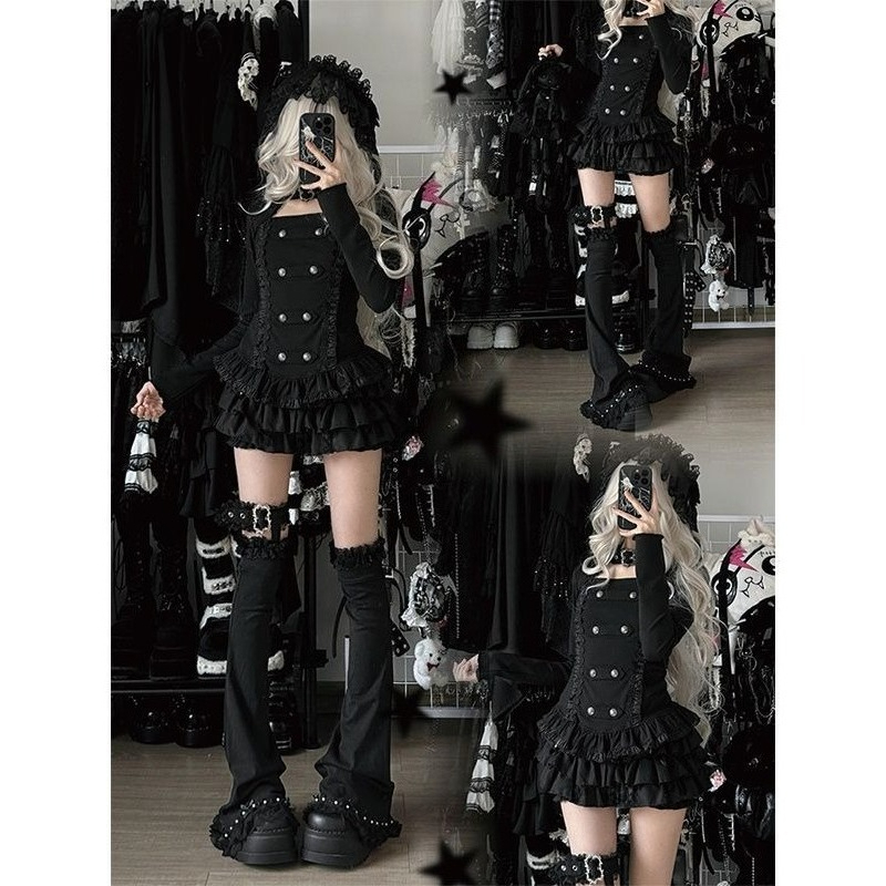 Women'S Fashion Kilt - เสื้อแขนยาวสไตล์วินเทจแบบกอธิคพร้อมกระดุม + กระโปรงสั้นสีพื้น ชุดสองชิ้นสำหรับผู้หญิง สไตล์ลำลอง Y2k