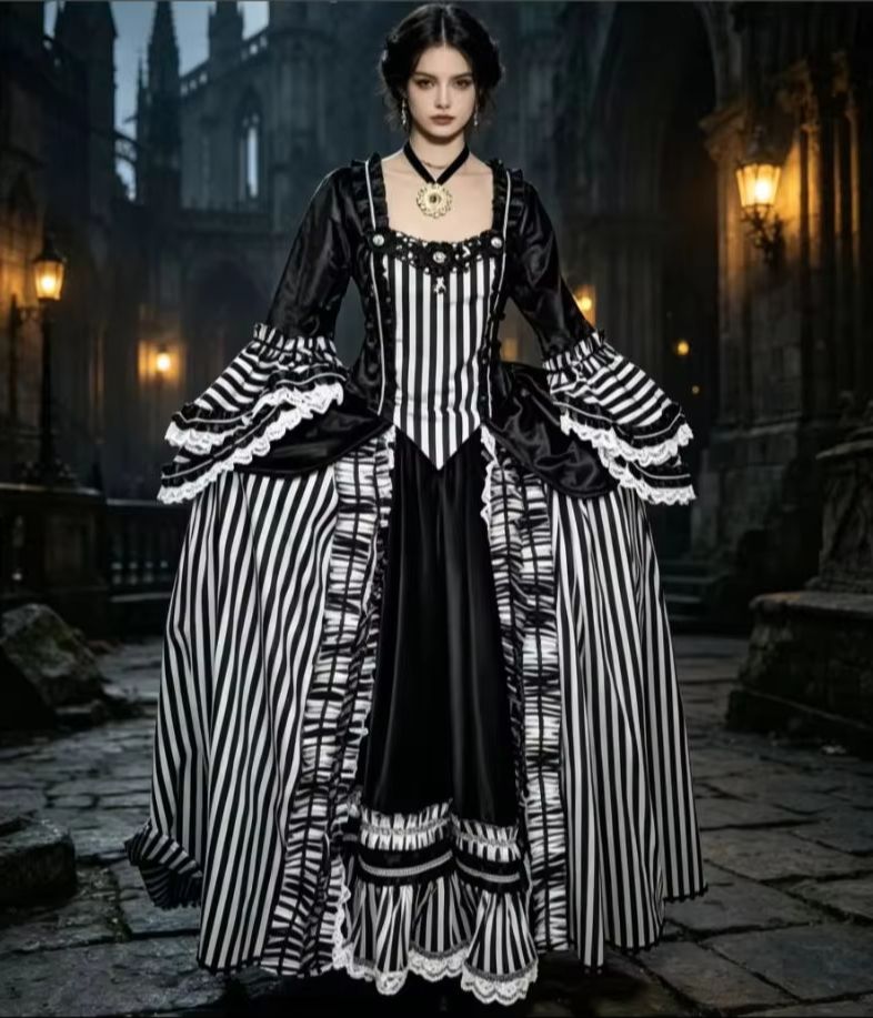 1700s โรโคโคชุดเดรสลายทางสีดำแ - Women Fashion Gown บทวิจารณ์และราคา